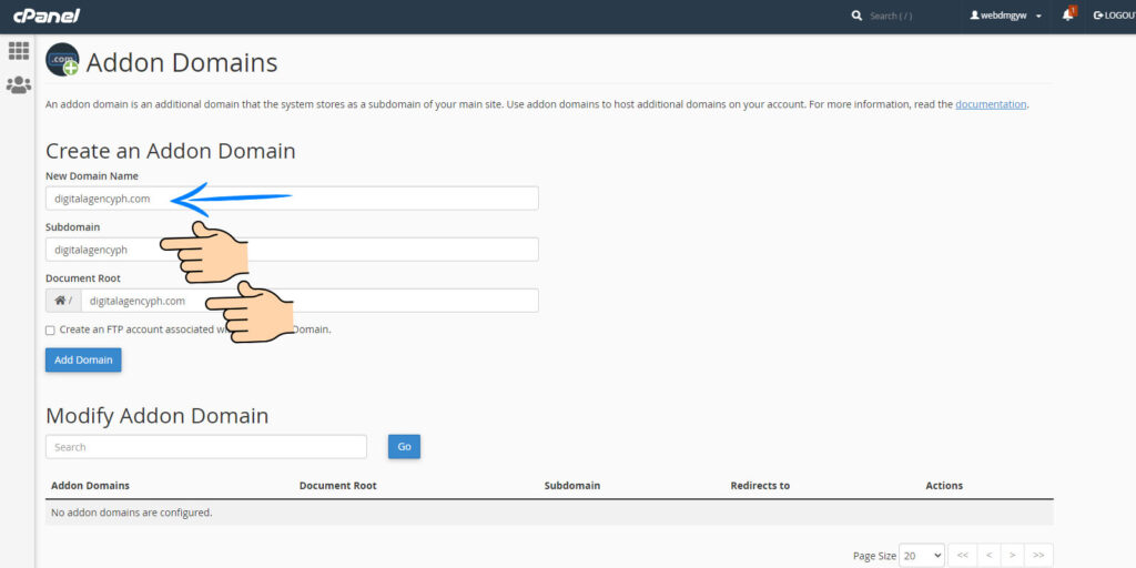 Namecheap Cpanel Dashboard Addon domains section add domain