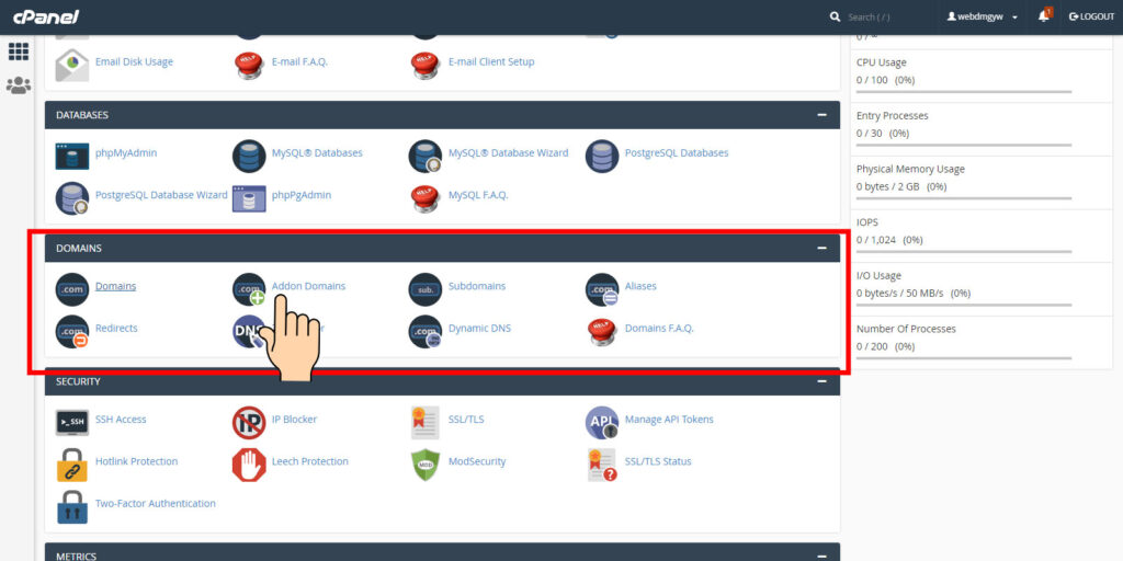 Namecheap Cpanel Dashboard - Domain section select addon domains