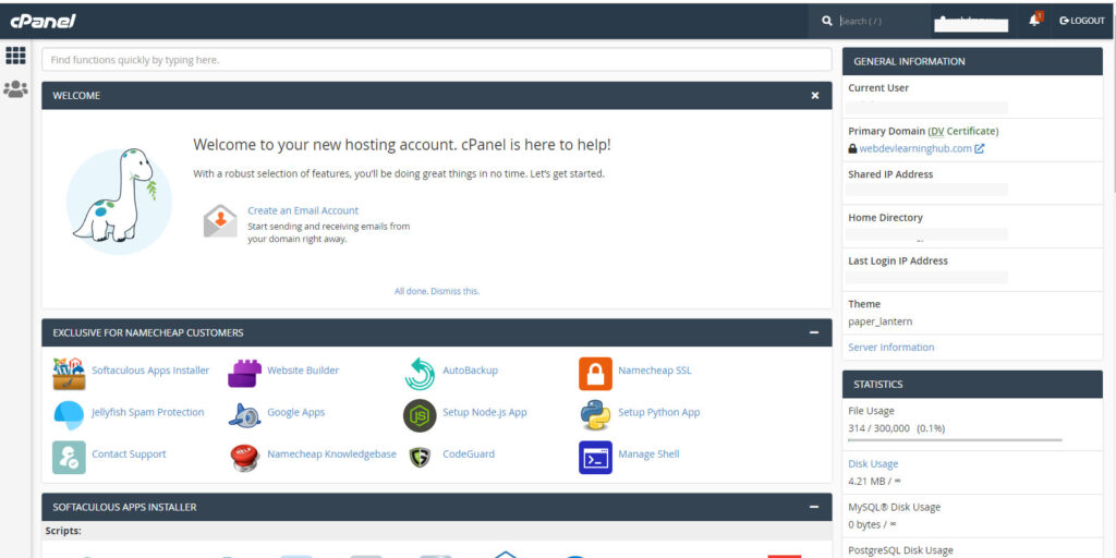 Namecheap Cpanel Dashboard - Main