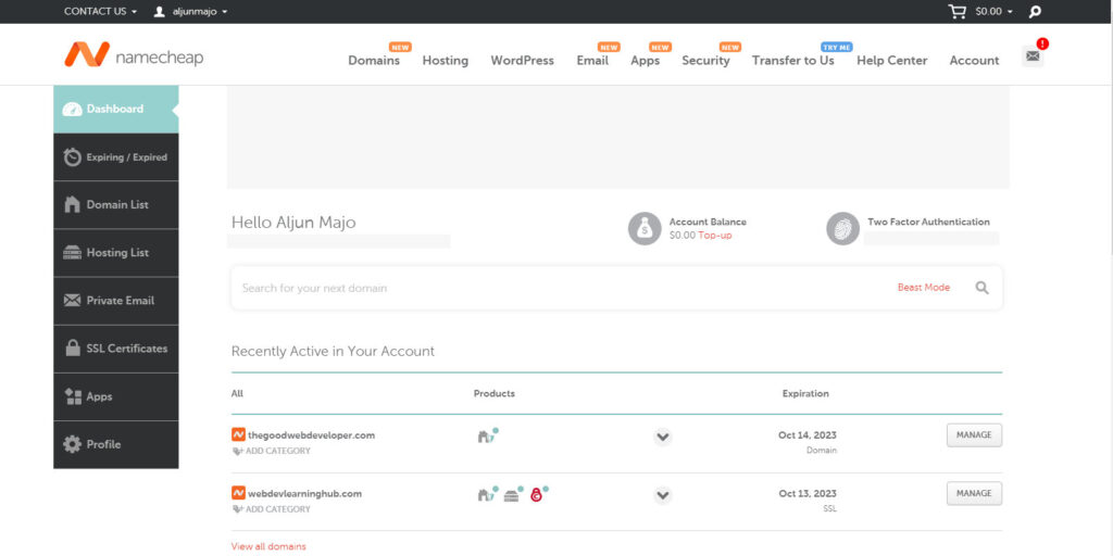 Namecheap Main Dashboard