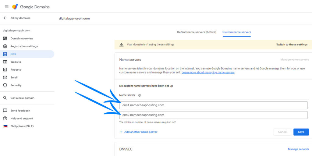 Namecheap nameservers on Google DNS settings