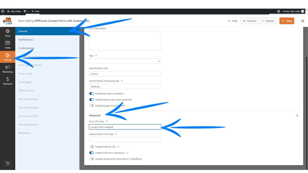 WPForms Settings Dahsboard