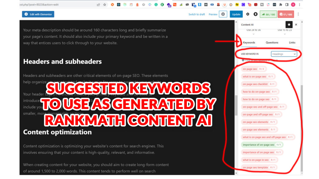 Headers and subheaders - Using RankMath SEO plugin