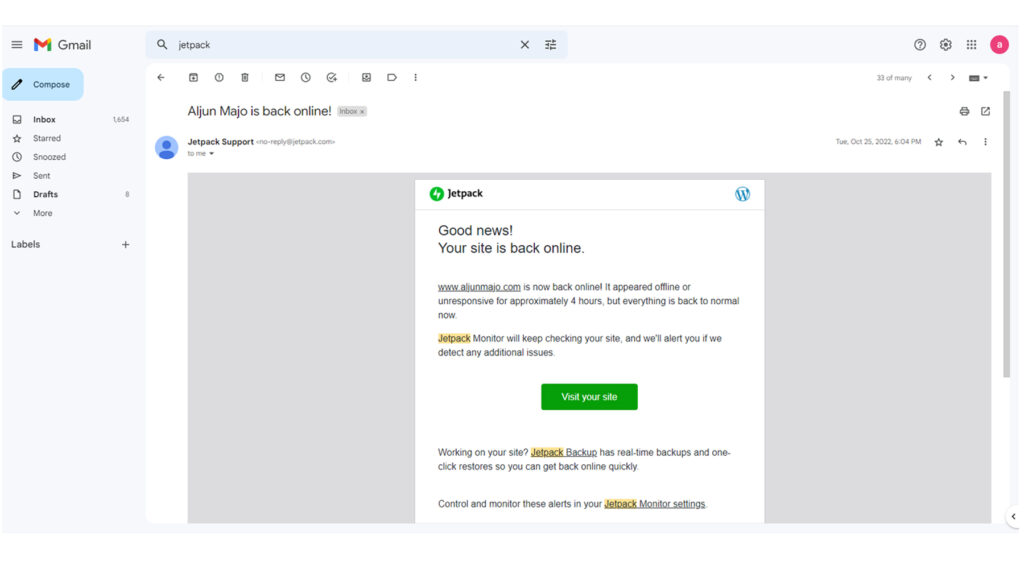 WordPress Website Downtime Monitoring 5 Jetpack DownTime Monitoring - site is back online alert