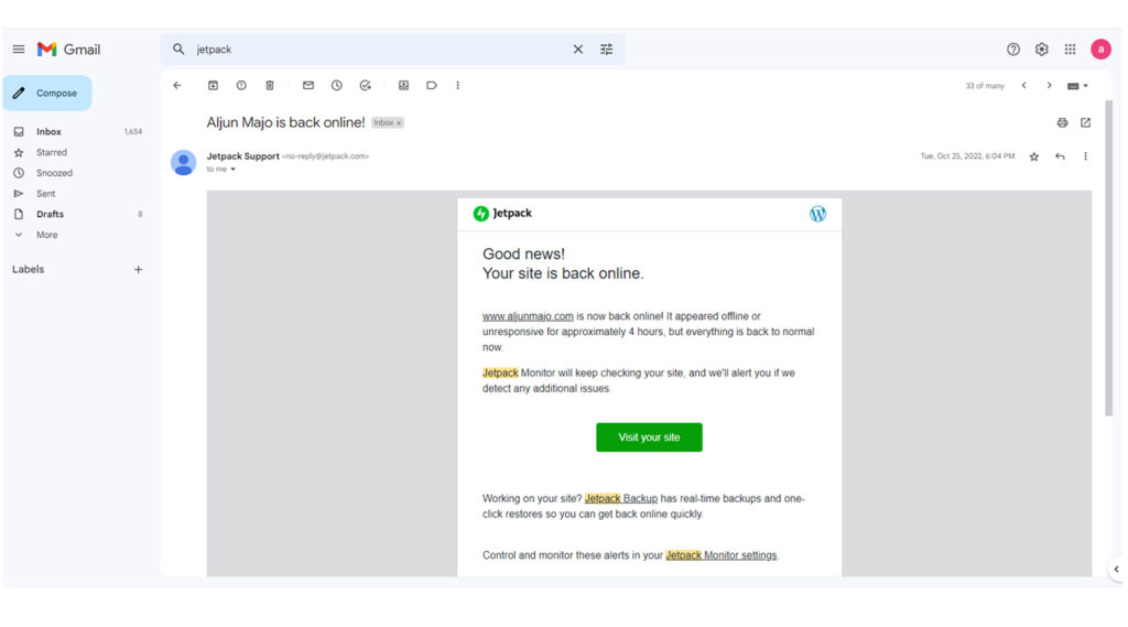 Jetpack DownTime Monitoring - site is back online alert